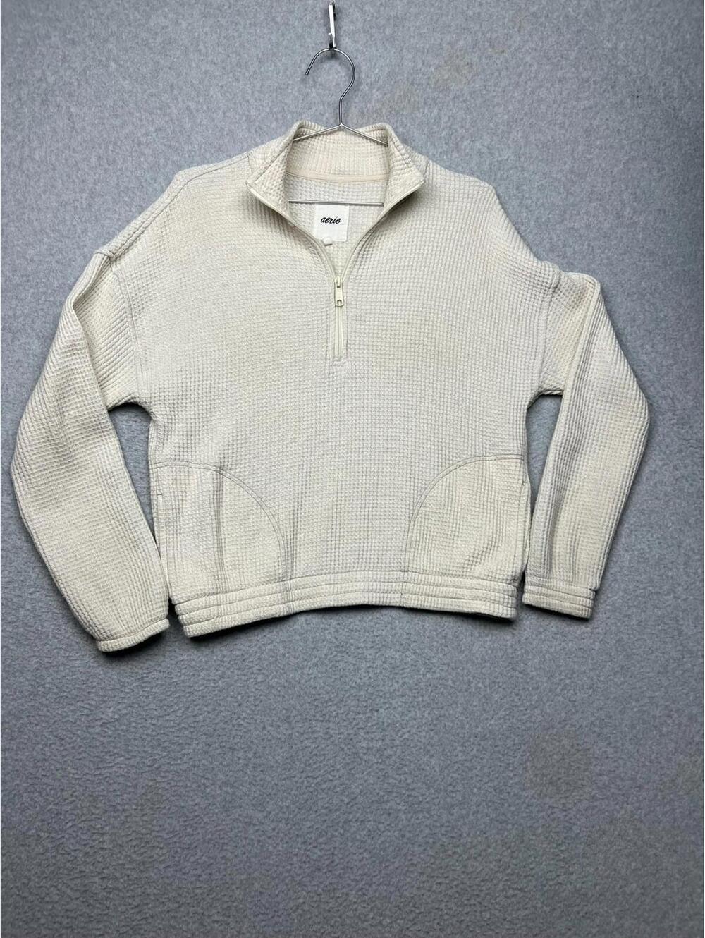 Aerie Top Quarter Zip Waffle Cream Long Sleeve XS Neutral Comfort Casual Lounge